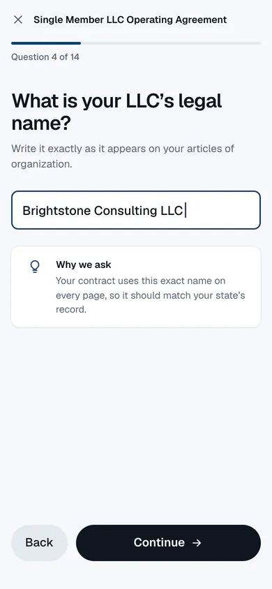 The contract builder on a phone, asking one plain-English question
