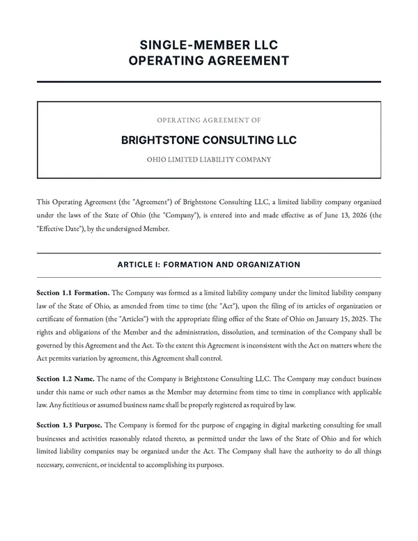 Page 1 of a sample Single Member LLC Operating Agreement, filled in for a fictional company